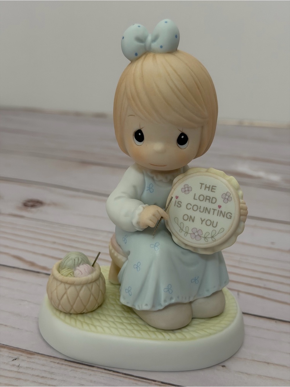 Precious Moments Porcelain Girl Figurine Painted Multicolor Religious1993 Sewing